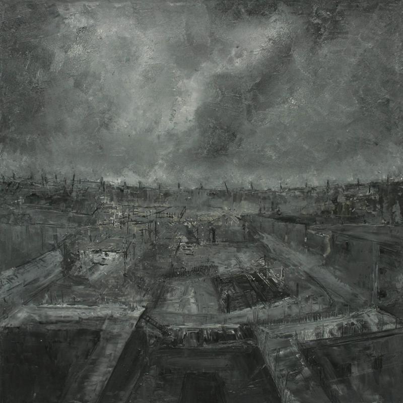 Image depicting the artwork named Ανδρέας Μητρόπουλος - "Urbanscape", 2015, λάδι σε ξύλο, 55x55cm.