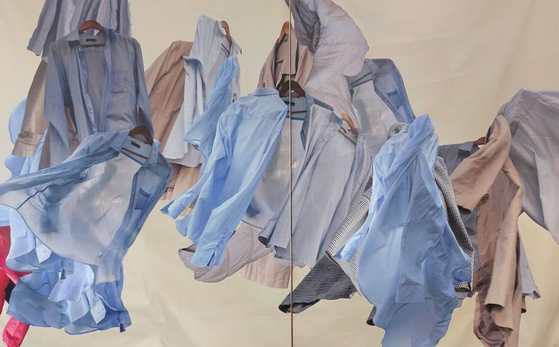 Image depicting the artwork named Diptych 2025, thermal transfer on fabric, 280x220cm.