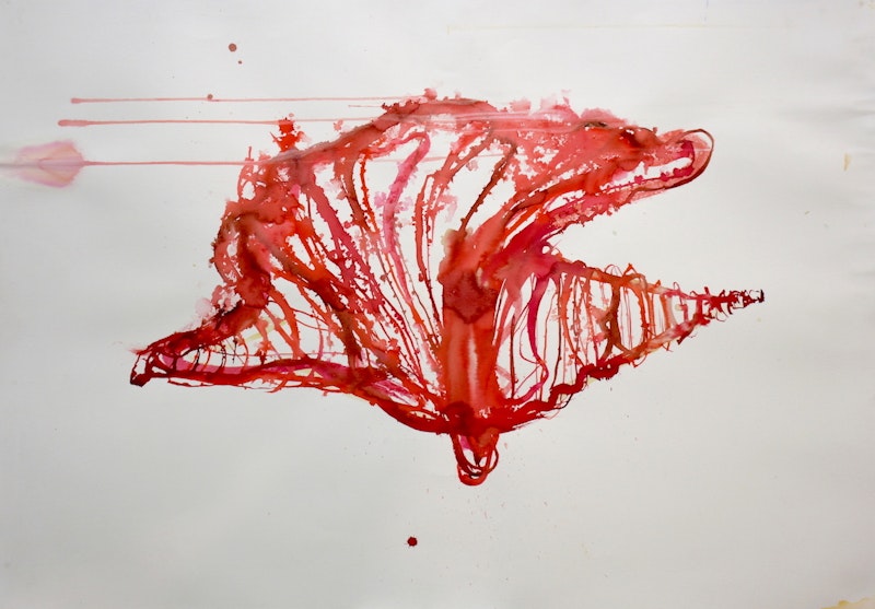Image depicting the artwork named Χορός σε κόκκινο, μελάνι σε χαρτί, 70x100cm, 2024.