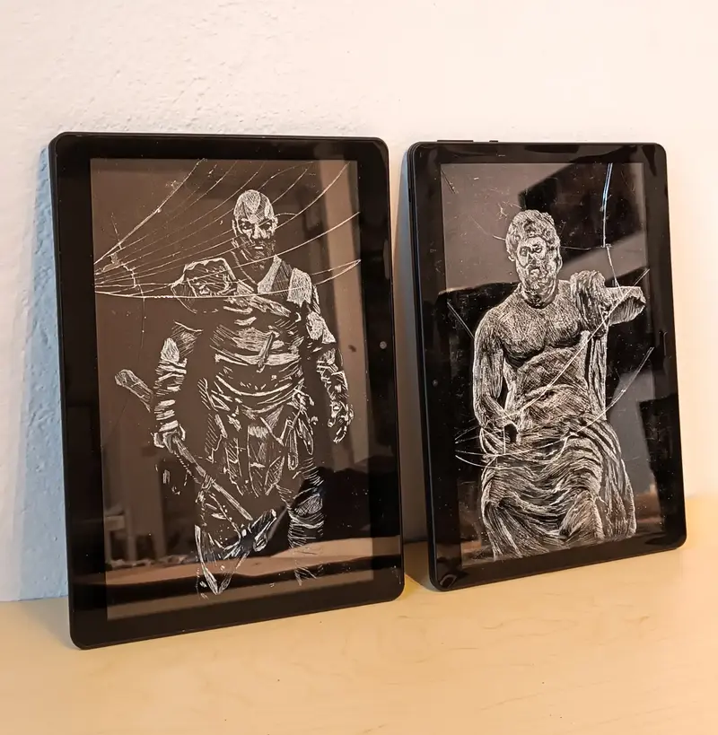 Image depicting the artwork named Vasilis Galanis & Fiona Elli Spathopoulou, Hands Up, 2025, video, engraved tablets, variable dimensions.