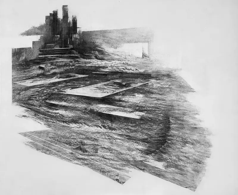 Image depicting the artwork named Kostas Pappas, I lie amongst the leaves and the burning trees, 2024, charcoal on paper, 99x118cm.