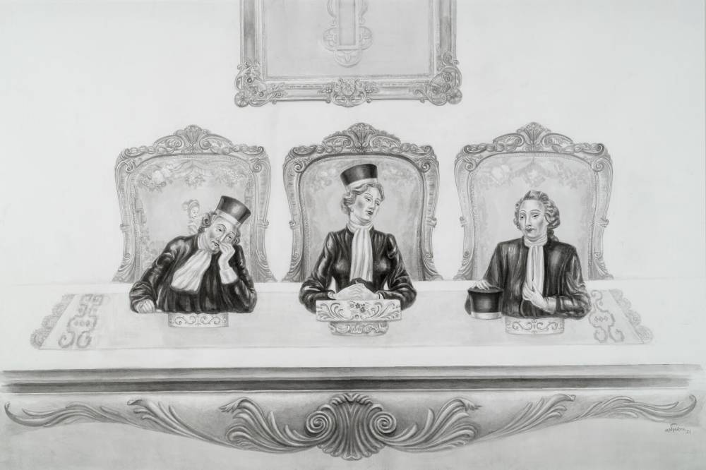 Image depicting the artwork named "The three Judges" 2021, μελάνι Κίνας σε χαρτί Fabriano