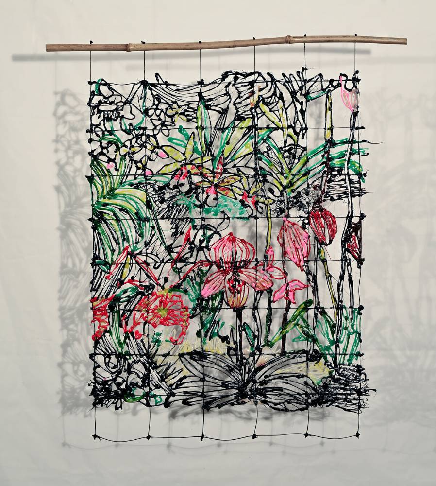 Image depicting the artwork named Floral, 2022, resin, thread, reed,  72x68cm