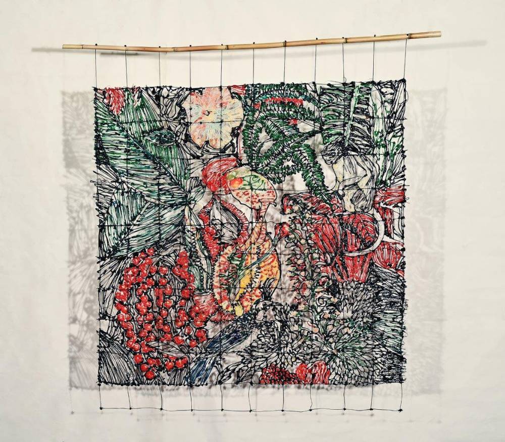 Image depicting the artwork named Secret Garden, 2022, resin, thread, reed, 112x112 cm